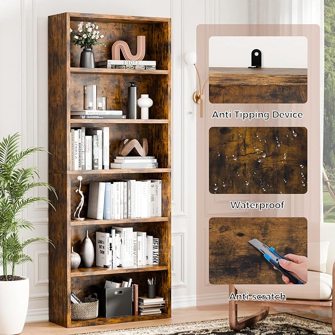 6-Tier Industrial Bookcase, 63" Tall Freestanding Wood Bookshelf with Open Display Storage Shelves for Living Room, Bedroom, Home Office, Rustic Brown