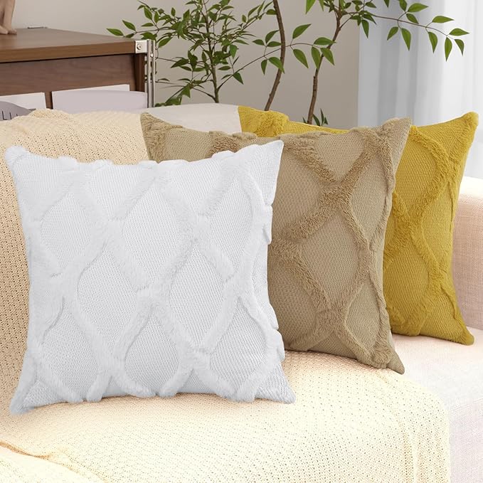 decorUhome Spring Throw Pillow Covers 18x18 Inch Set of 2, Soft Plush Faux Fur Wool Khaki Couch Pillow Covers, Decorative Neutral Pillow Cases for Bed Sofa Living Room Home Decor