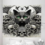 Ambesonne Gothic Tapestry King Size, Classic Spooky Rose Ornated Skulls and Black Cat with Spider Print, Wall Hanging Bedspread Bed Cover Wall Decor, 104" X 88", Dark Grey Green and Eggshell