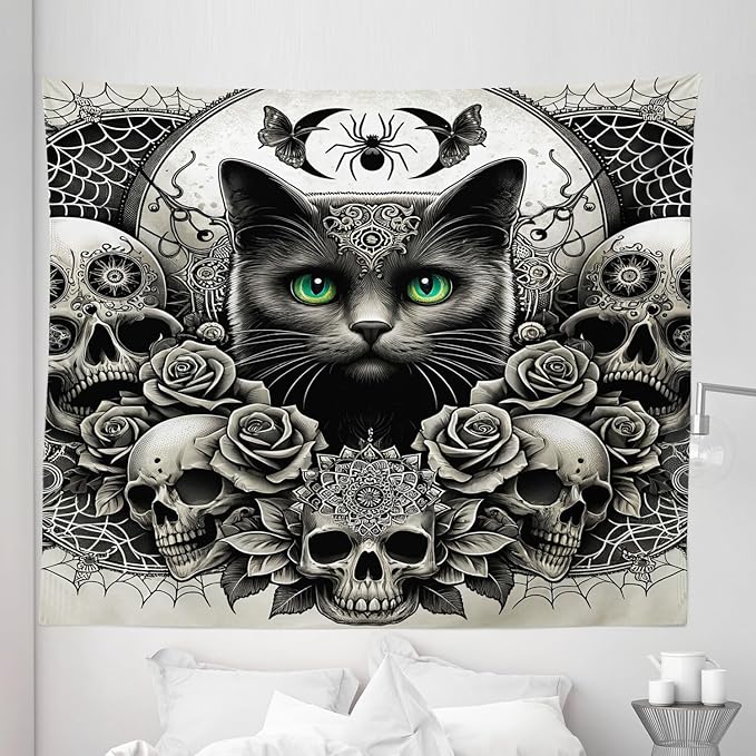 Ambesonne Gothic Tapestry King Size, Classic Spooky Rose Ornated Skulls and Black Cat with Spider Print, Wall Hanging Bedspread Bed Cover Wall Decor, 104" X 88", Dark Grey Green and Eggshell