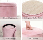 CAROLMADE Set of 2 Round Ottoman with Storage, Upholstered Vanity Stool Support 330lbs Multifunctional Coffee Table Ottoman Velvet Foot Rest Stool or Living Room Bedroom Dorm (Pink)