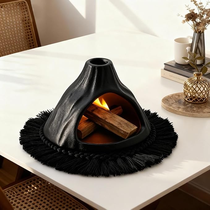 Ceramic Palo Santo Holder Burner,Incense Cone Holder,Mini Chiminea for Palo Santo Sticks and Sage Burner,with Handmade Heat Insulated Mat,Dust Brush,Metal Tweezer. (Black Volcano)