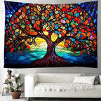 Tree of Life Wall Hanging Decor Tapestry with Stained Glass Colorful Wall Art Large Tapestry Mural Decor Photograph Backdrop Blanket Curtain Home Bedroom Living Room Decoration