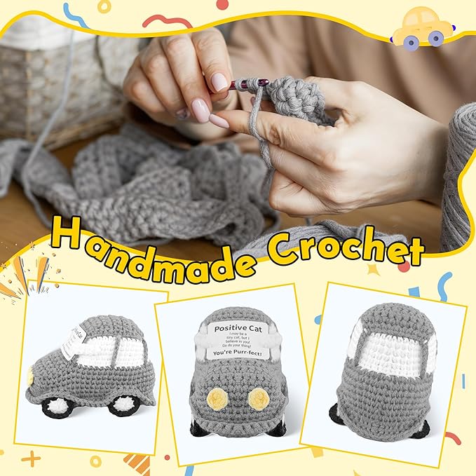 Positive Funny Crochet Car, Emotional Support Mini Handmade Crochet Gift, Inspirational Birthday Gifts for Men Women Friends Boyfriend Dad Coworker, Grey