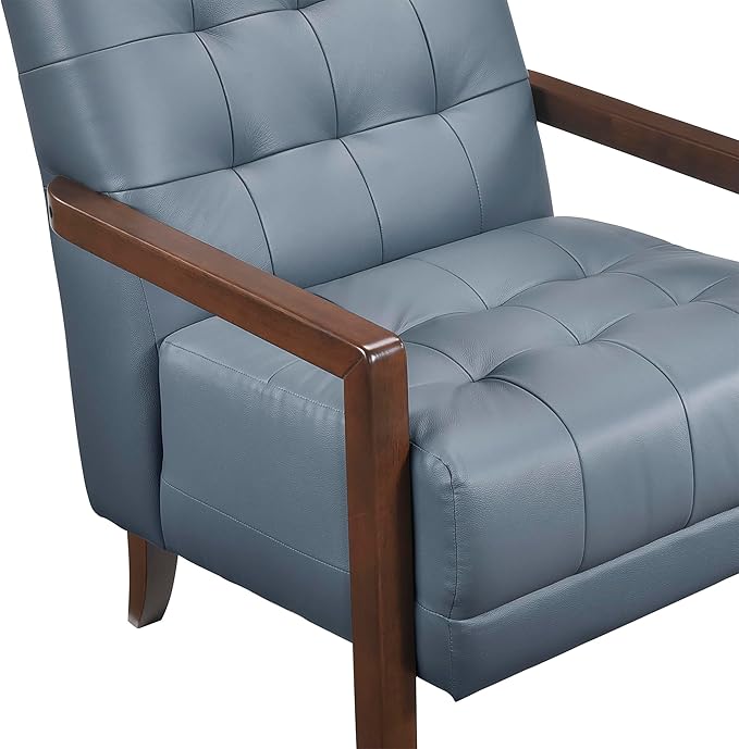 Lexicon Modern Accent Chair, Luxury Genuine Leather Match Living Room Chair with Tufted Cushions, Solid Wood Frame and Arm Rest, Comfy Upholstered Single Seat for Bedroom/Reading/Office, Blue