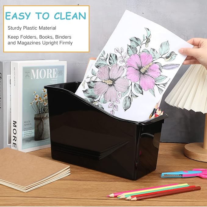 Fuutreo 12 Pieces Book Bins for Classroom Plastic Binder Holder Magazine Stuff Folder File Organizer Box for Home Office School Supplies(24 pcs,Black)