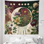 Ambesonne Moon Tapestry Queen Size, Abstract Blooming Gentle Leafy Flowers with Lunar Phase Ethno Details, Wall Hanging Bedspread Bed Cover Wall Decor, 88" X 88", Fern Green Eggshell Lilac
