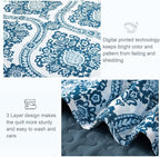Exclusivo Mezcla Reversible Boho Quilts Queen Size, Blue Bedspreads Lightweight Coverlet All Season Damask Quilt Bedding Set with Printed Floral Pattern (1 Quilt, 2 Pillow Shams)