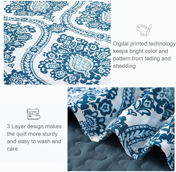 Exclusivo Mezcla Reversible Boho Quilts King Size, Blue Bedspreads Lightweight Coverlet All Season Damask Quilt Bedding Set with Printed Floral Pattern (1 Quilt, 2 Pillow Shams)