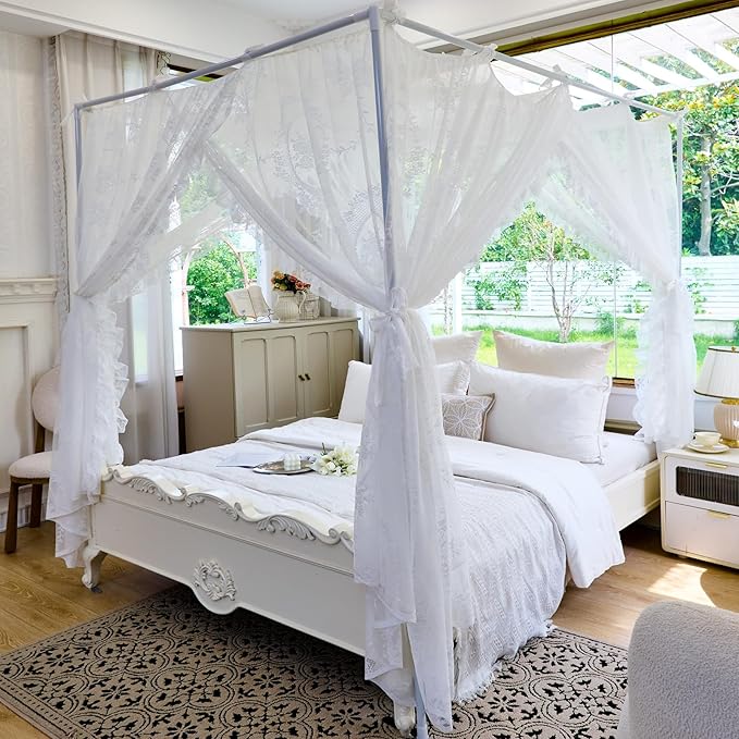 AIKASY Elegant Lace Princess 4-Poster Bed Canopy Mosquito Net - Romantic Wedding Bridal Bedroom Decor, Kids Room Bed Curtain for Women Adults - (White-2,King)
