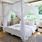 AIKASY Elegant Lace Princess 4-Poster Bed Canopy Mosquito Net - Romantic Wedding Bridal Bedroom Decor, Kids Room Bed Curtain for Women Adults - (White-2,King)