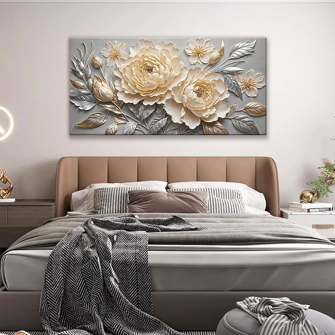 Canvas Art Wall Decor Print Silver White Flowers Wall Art For Living Room Picture Modern Landscape Painting Home Wall Decor 24" X 48"Bedroom Office Artwork