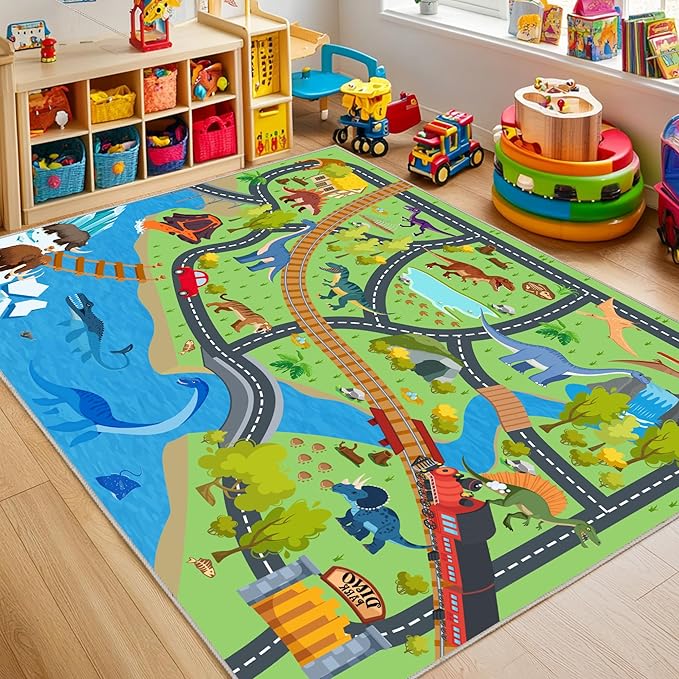 Kids Rugs for Playroom - Soft & Non-Slip 7x9 Feet Dinosaur Play Mat,Childrens Dinosaurs Carpet Washable Rug for Classroom Nursery Bedroom Boys