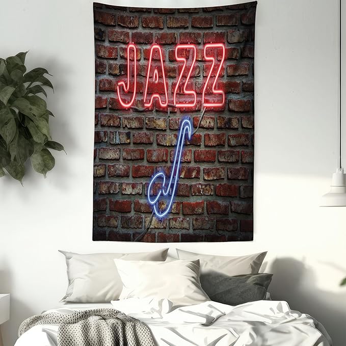 Ambesonne Music Tapestry, Image of Alluring Neon All Jazz Sign Saxophone Instrument on Brick Wall Print, Fabric Wall Hanging Decor for Bedroom Living Room Dorm, 23" X 28", Red Blue
