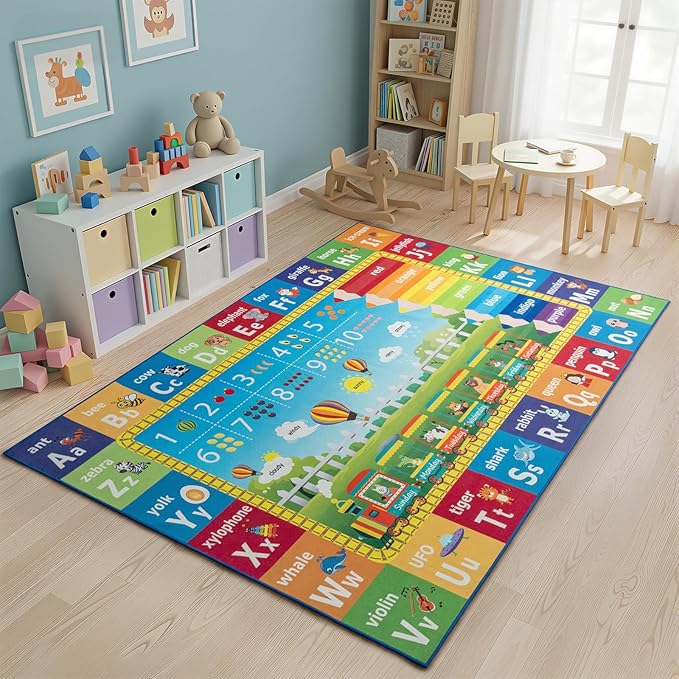 ST. BRIDGE Educational Kids Rug for Playroom 4x6 Feet, Non Slip Play Mat with ABC Alphabet, Numbers & Animals for Toddler Preschool Nursery Classroom, Soft Washable Area Rug for Early Learning