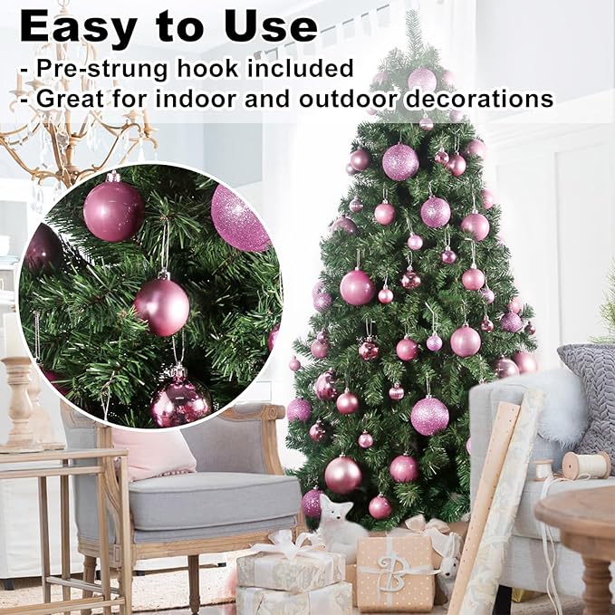 Bubblegun Pink 2.5" Christmas Balls Christmas Tree Decoration Ornaments Shatterproof Hanging Balls for Birthday Halloween Holiday Wedding Decorations Set of 18pcs