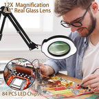 12X Magnifying Glass with Light and Clamp, Magnifier with Light Hands Free,84 LEDs Real Glass Lens Magnifying Lamp for Close Work, Repair, Reading, Craft (Black 2)