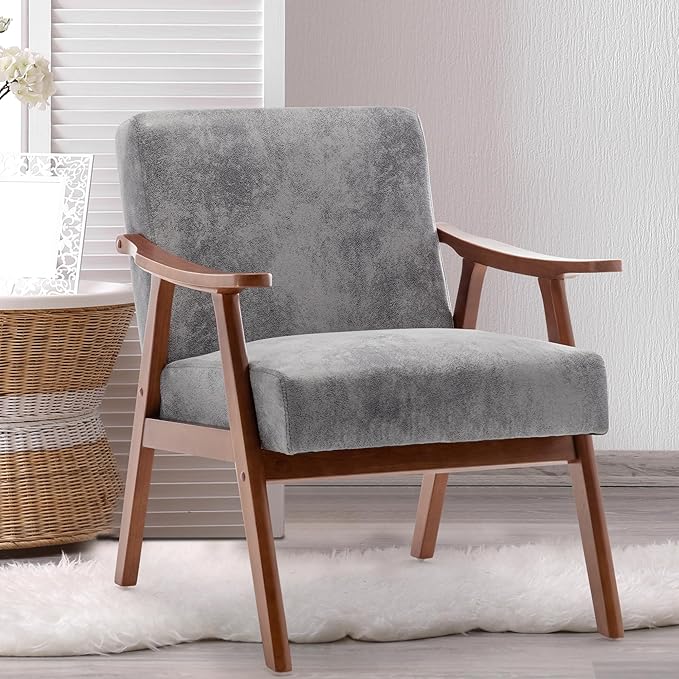 KEIKI Mid-Century Modern Accent Chair with Solid Wood Frame, Stylish Upholstered Armchair for Modern Retro Home Décor