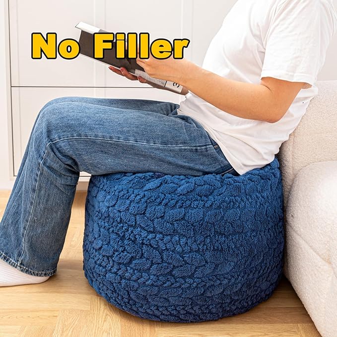 Unstuffed Ottoman Pouf Cover – Round Faux Fur Footstool Plush Floor Pouf (No Filler Included) Perfect for Living Room, Bedroom, or Office Lounge (Navy Blue, 20x20x15 in)