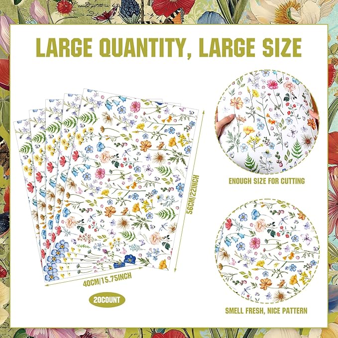 BBTO 20 Sheet Scented Drawer Liners for Dressers 15.8" x 22" Scented Fragrant Cabinet Paper Liners Non Adhesive Drawer Paper Mats for Bedroom Home Closet Shelves(Wildflower)