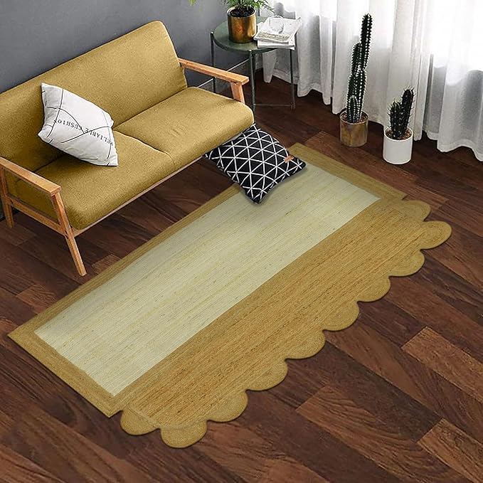 Scalloped Edge Rug, Hand Woven Natural Jute Area Rug, 11x11 Ft Square Beige & Brown Braided Kilim Rugs for Living Room, Kitchen, Entryway, Farmhouse