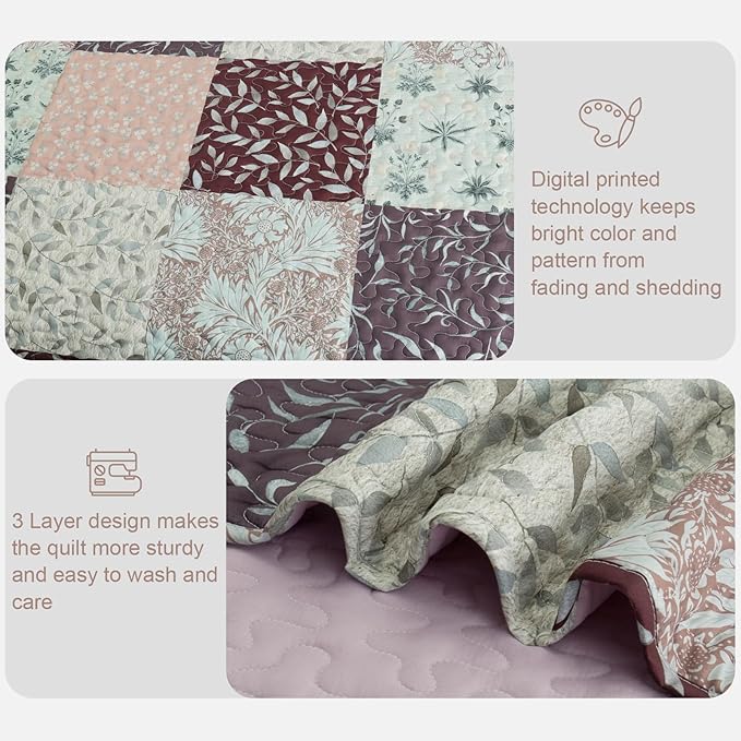 Exclusivo Mezcla Reversible Boho Quilts King Size, Brown Bedspreads Lightweight Coverlet All Season Patchwork Quilt Bedding Set with Printed Floral Pattern (1 Quilt, 2 Pillow Shams)