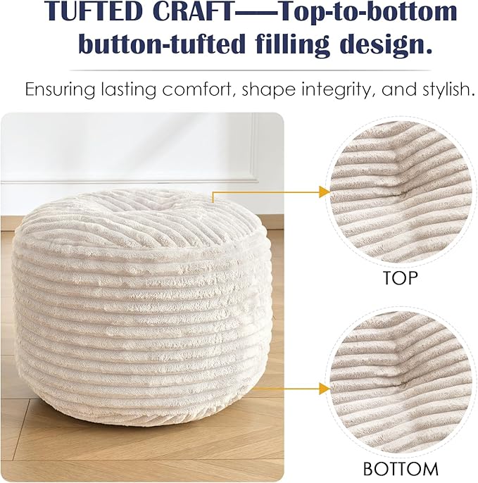 Round Pouf Ottoman,Corduroy Poufs with Memory Foam Filling for Foot Rest,Soft Footstool for Living Room,Office,20"x 17",Beige