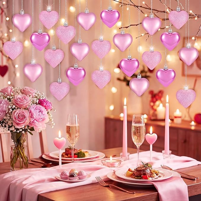 XmasExp Valentines Day Decor Heart Ornaments for Christmas Tree Decorations Set of 24 Pink Heart Shaped Bauble Perfect for Valentine's Day Wedding Anniversaries and Party Supplies（Pink）