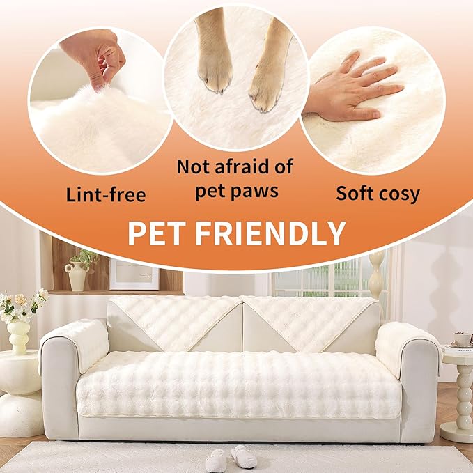 Waterproof Dog Bed Cover Non Slip Couch Cover for Dogs Washable Soft Faux Fur Sofa Cover Couch Covers for 3 Cushion Couch Sofa Pet Friendly (Off White)