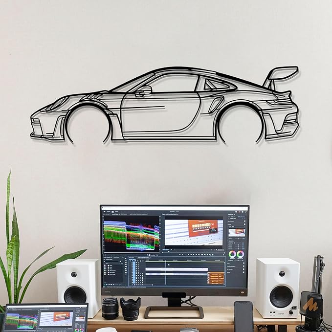 Dekory Car Wall Art – 911 GT3 RS (992) Black Metal Sports Car Silhouette, Modern Industrial Automotive Wall Decor for Garage, Living Room or Bedroom – 16 Inch (XS)