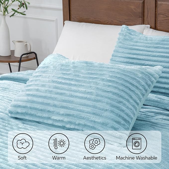 BEDELITE Fleece Twin Comforter Set -Super Soft & Warm Fluffy Light Blue Bedding, Luxury Fuzzy Heavy Bed Set for Winter with 1 Pillow case