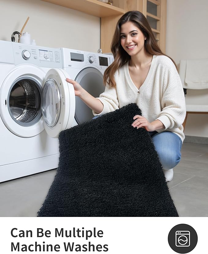 ILANGO Black Bathroom Rugs 36" × 24" Non Slip & Super Absorbent Extra Thick Soft, Washable Bath Mat for Floor, Microfiber Plush Shaggy Bath Rug with Rubber for Bathtub Shower Room Sink