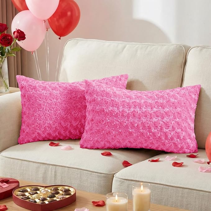 FUTEI Hot Pink Decorative Throw Pillow Covers 12x20 Inch Set of 2,Soft Solid Rose Swirl Textured Lumbar Pillow Case,Valentine's Day Decor for Couch Living Room
