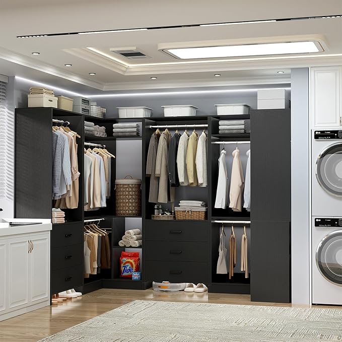 Aheaplus Closet System with 6 Drawers, 6 Hanging Rods & Corner Tower, Corner Closet System with Hanging, 112.5" U-Shaped Walk-In Wardrobe Organizer, 2000+ lbs Capacity, Set of 4, Black