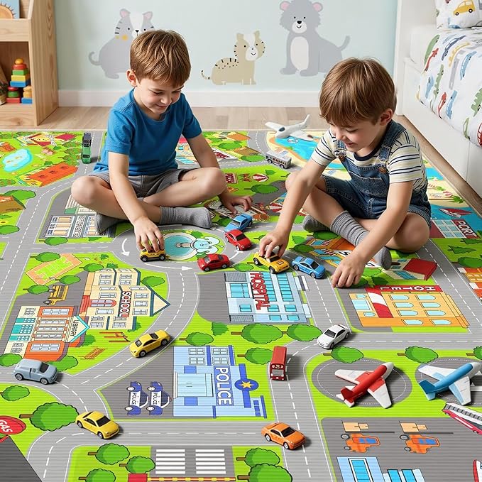 Boys Car Rugs for Kids Toy Cars,City Road Rug for Playroom Airport Track Play Mat Carpet 3' x 5' Educational Learning Fun Play Mats for Floor Boys Playmat for Kids Room,Classroom, Bedroom