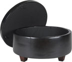 Homepop Home Decor | Upholstered Faux Leather Large Tufted Round Storage Ottoman | Button Top Ottoman with Storage for Living Room & Bedroom | Decorative Home Furniture, Black