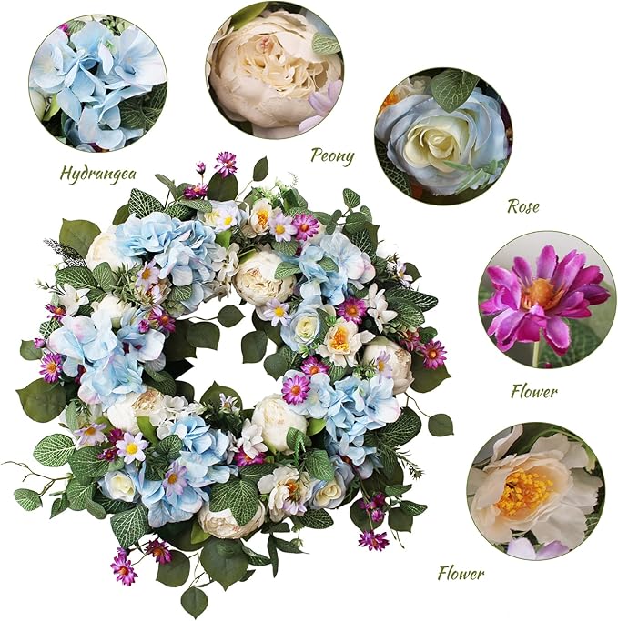 24 Inch Spring Wreaths for Front Door, Spring Wreath,Blue Hydrangea Wreath,Large Spring Summer Door Wreaths for Front Door Outside All Season Home Decor (Blue)