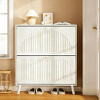 Shoe Storage Cabinet for Entryway with 2 Flip Drawers, Narrow Wood Shoe Cabinet with Fluted Panel, Freestanding Hidden Shoe Organizer for Foyer, Hallway (White - with Shelf)