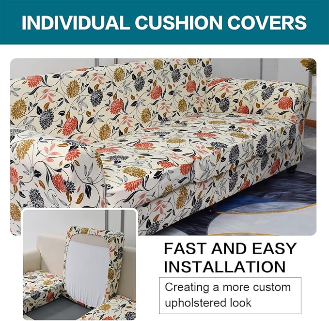 KRFOONN 4 Piece Stretch Sofa Couch Covers for 3 Cushion Couches Printed Sofa Slipcover with 3 Separate Seat Cushion Covers Washable Sofa Slip Covers Furniture Protector for Pets Kids (Large, 01)