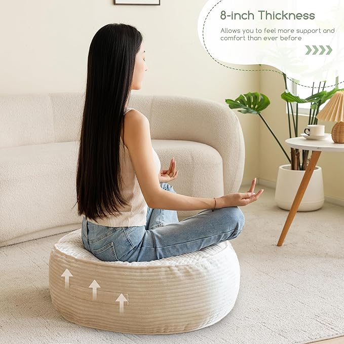 8" Washable Floor Pillow Cushion for Adults, Meditation Cushion Pillow, Large Round Floor Sitting, Removable Tufted Corduroy Cover, for Tatami Living Room or Yoga, 22x22 Inch, Machine Washable