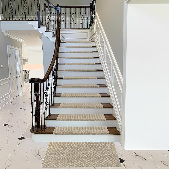 PURE ERA Bullnose Carpet Stair Treads Tape Free Non-Slip Indoor Stair Protectors Pet Friendly Stair Treads for Wooden Steps 9.5" x 30"(2 Pieces,Cream Gray Mini-Diamond Trellis)