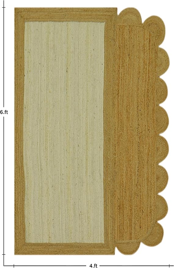Scalloped Jute Rug, Hand Woven Runner Area Rug, 4x15 Ft Beige & Brown Braided Natural Sisal Kilim Rugs for Living Room, Kitchen, Entryway, Farmhouse