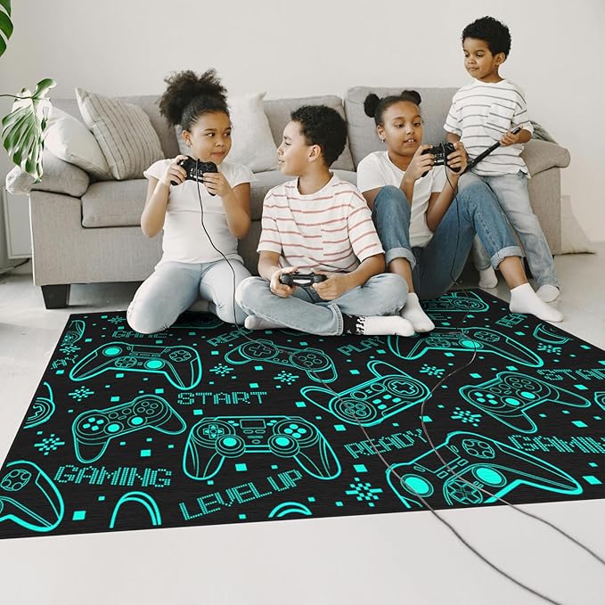 Gaming Rug for Boys Room - Games Theme Fluorescent Green Rug Gaming Room Decor Gamer Area Rugs for Bedroom Teen Boy Video Game Carpet for Kids Room & Bedroom Anti-Slip Mat 35.4x59 in