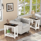 ChooChoo Farmhouse End Table Set of 2, Rustic Vintage Narrow End Side Table with Storage Shelf for Small Spaces, Nightstand Sofa Table for Living Room, Bedroom White