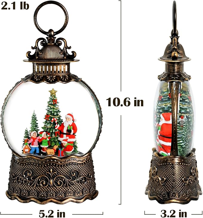 Santa Snow Globe Christmas Decorations Indoor Santa Claus Gifts Classic Relief Texture Musical Glitter Snowfall USB/Battery Timer Lantern 10.6 inch