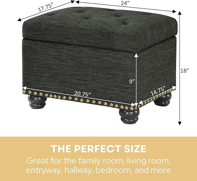 Convenience Concepts Designs4Comfort 5th Avenue Upholstered Storage Ottoman 24" - Contemporary Foot Stool and Seat with Hinged Lid for Living Room, Dining Room, Office, Den, Dark Charcoal Gray Fabric