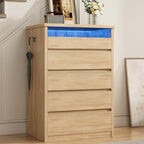 Larger Oak 5 Drawer Dresser for Bedroom with LED Light, Modern Chest of Drawers with Hidden Handles, Tall Wooden Dresser Closet for Living Room, Entryway, Hallway - Oak