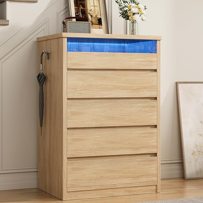 Larger Oak 5 Drawer Dresser for Bedroom with LED Light, Modern Chest of Drawers with Hidden Handles, Tall Wooden Dresser Closet for Living Room, Entryway, Hallway - Oak