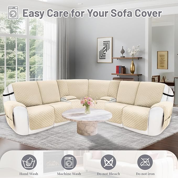 Reclining Sectional Couch Covers 100% Waterproof Velvet L Shape Recliner Couch Covers for Sofa Pets Washable Anti Slip Recliner Slipcovers with Pockets (5 Seat Sofa with 2 Console, Beige)