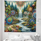 Ambesonne Trippy Tapestry Queen Size, Scenic Waterfall with Wonderland Woods and Psychedelic Mandala Flowers, Wall Hanging Bedspread Bed Cover Wall Decor, 88" X 88", Olive Green Multicolor